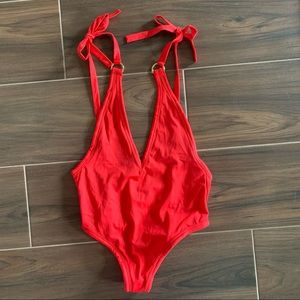 NWT Skye & Staghorn Swimsuit Blair V Plunging One Piece Red Tie Shoulder Sz S
